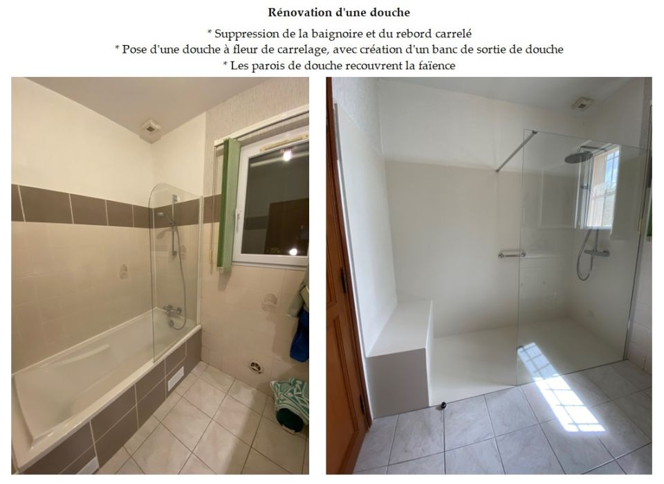 Avant / Après : Remplacement d'une baignoire par une douche sans joints - Ardèche